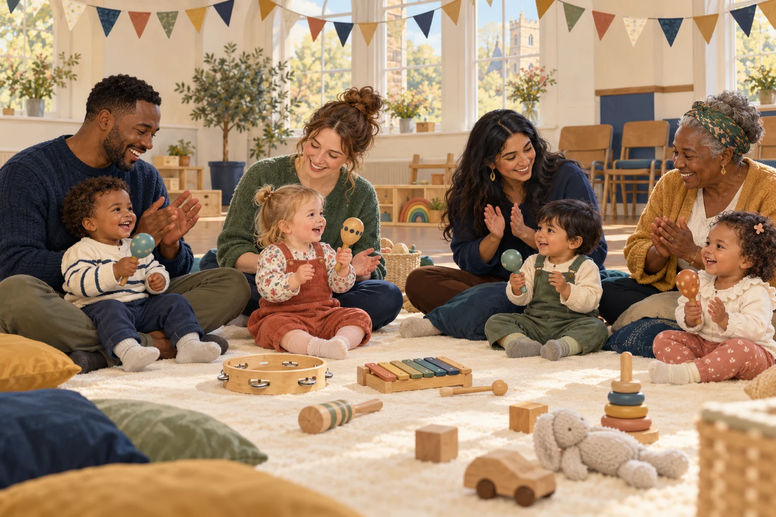 Baby Boogie Illustration of parents, carers and toddlers enjoying music and play