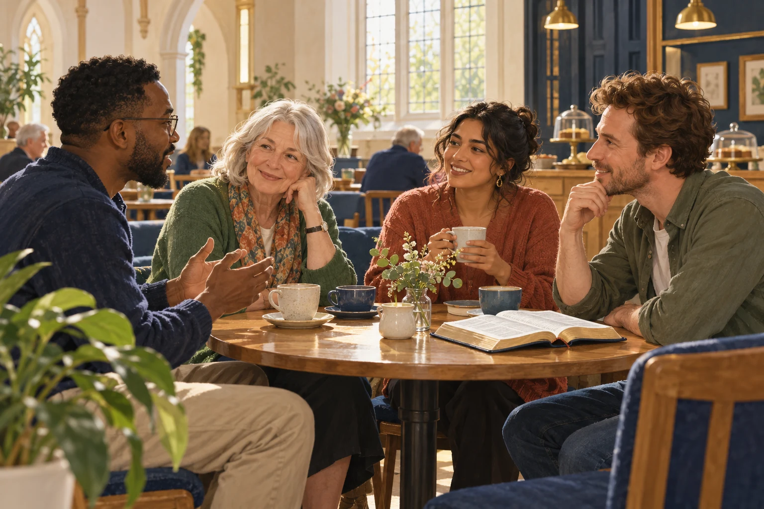 Café Church Illustration of friendly conversation over tea and coffee