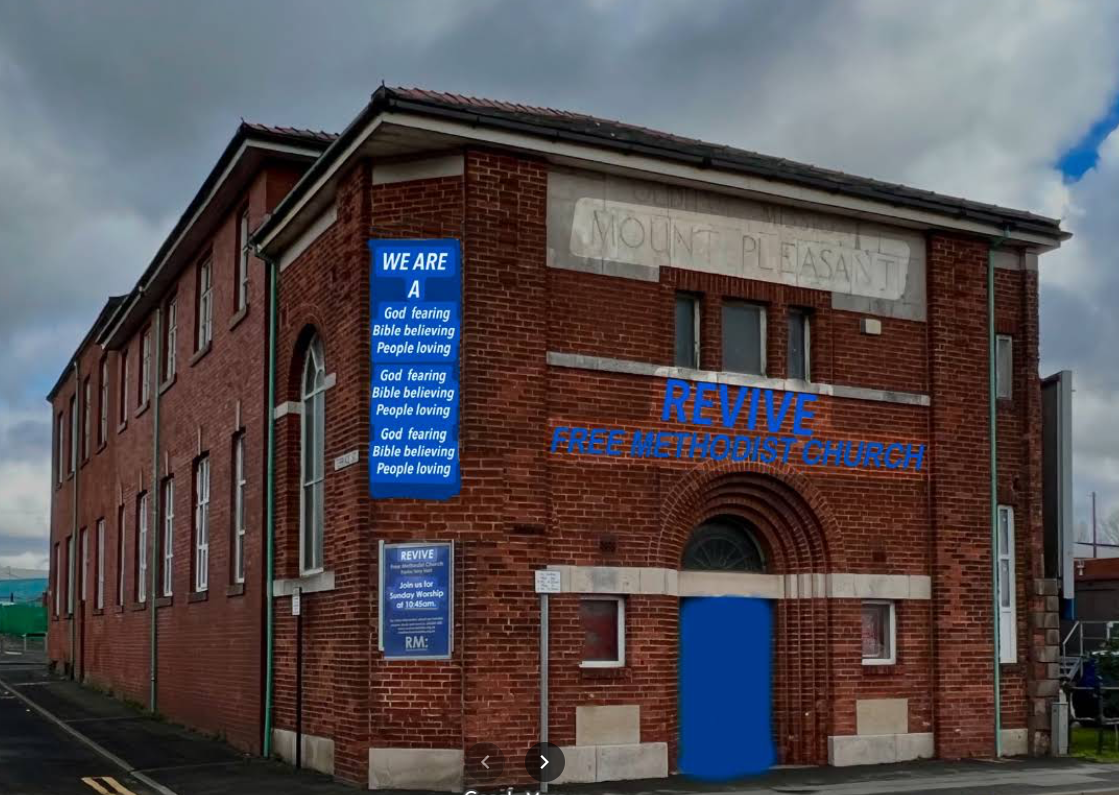 Home The red-brick Revive Free Methodist Church building with its blue entrance door