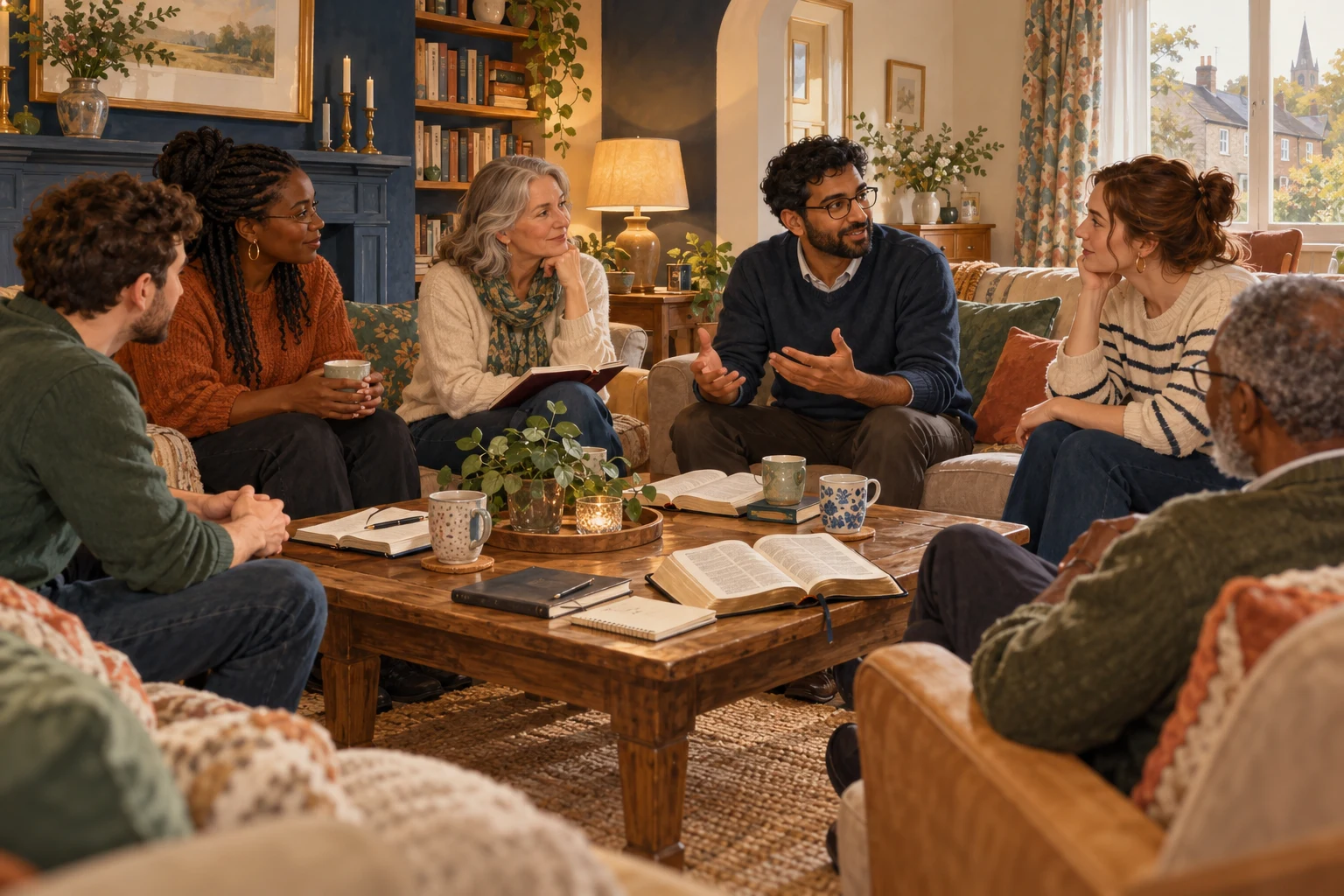 Life Groups Illustration of a small group sharing friendship and Bible study