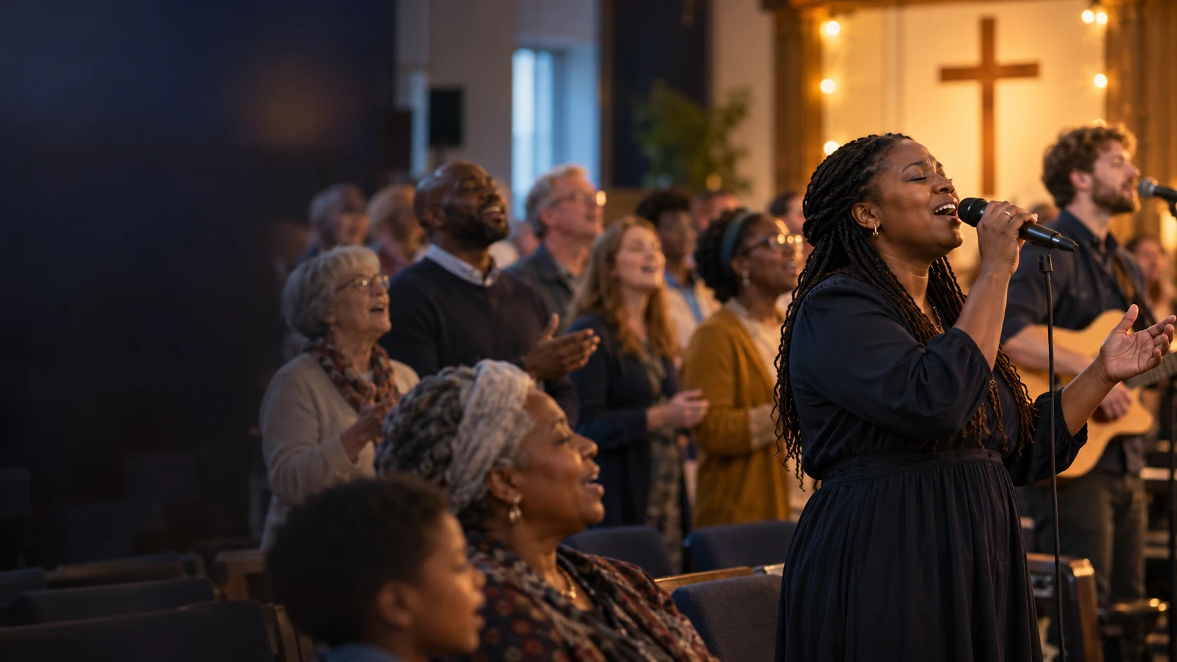 Home Illustrative scene of a diverse church congregation worshipping together
